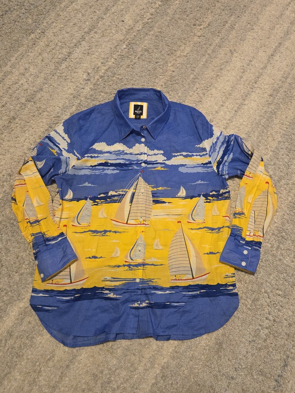 Vintage Nautica Jeans Co All Over Print Sailboat Shirt Mens L Long Sleeve Cotton